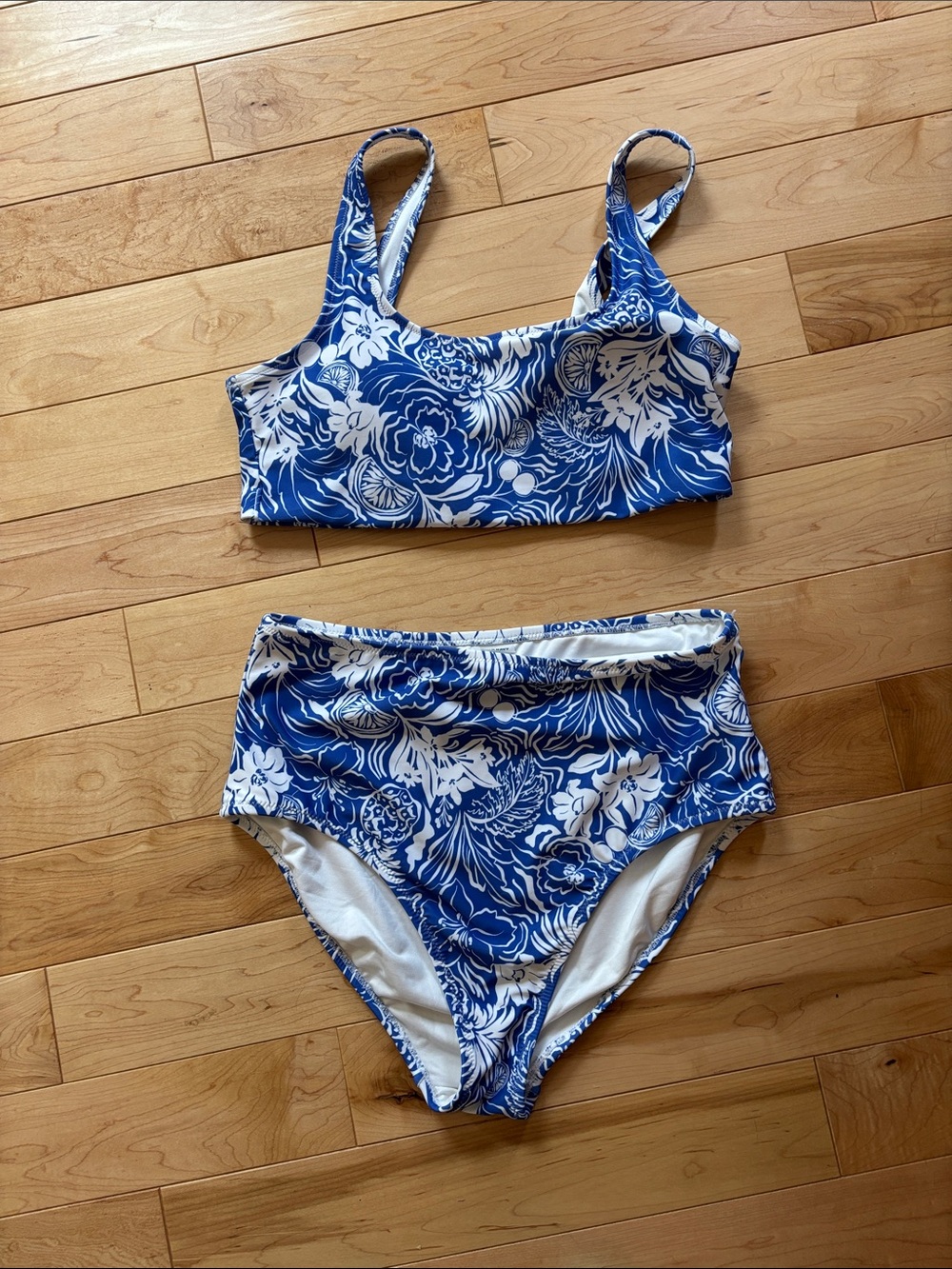 Old Navy Blue and White Floral High Waisted Bikini